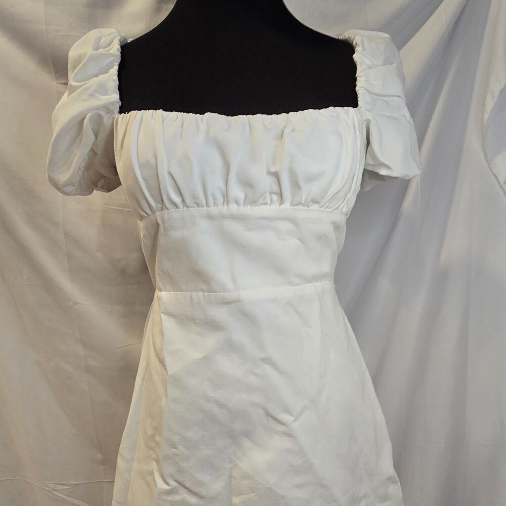 NWT Zara Dress White Off The Shoulder Open Back Mini Size Large Zip Puff-Sleeve